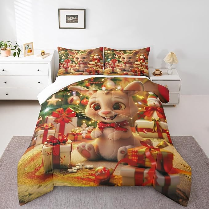 Cartoon Rabbit Bedding Set Full Size,Merry Christmas Comforter Set for Kids Boys Girls Room Decor,Christmas Tree Star Snowflake Duvet Insert 3Pcs,Cute Animal Xmas Fashion Quilt Set,2 Pillowcases