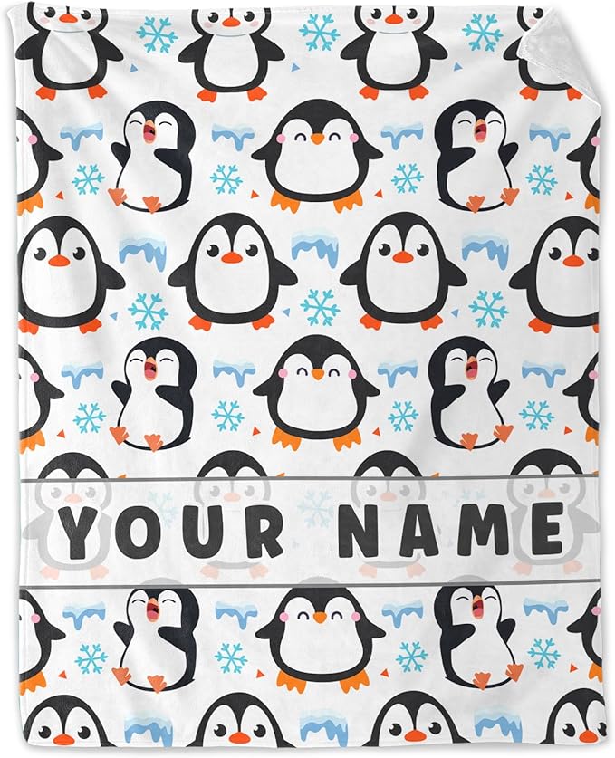 Personalized Penguin Gifts for Girls Kids - 40" x 50" Inches Cute Penguin Blankets for Teens - White Soft Lightweight Throws for Sofa, Crib & Bed