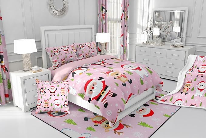 Feelyou Pink Christmas Bedding Set Soft for Boys Girls, Santa Claus Comforter Set Full Size Penguin Deer Duvet Quilt Microfiber Xmas Snowflake Tree Bedroom Decor 3 Pcs with 2 Pillow Cases