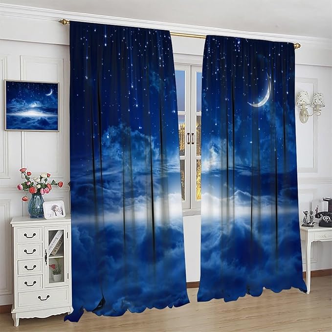 Star Night Sky Blackout Curtains, Moon Foggy Clouds Landscape Theme Print Window Drapes for Kids Girls Bedroom Living Room 52" W X 84" L