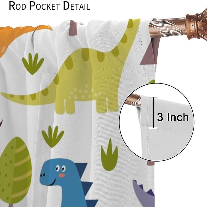 Dino Curtains, Cartoon Style Colorful Dinosaurs Pattern Blackout Window Treatments, Rod Pocket Thermal Insulated Drapes 2 Panel Sets for Kids Bedroom Nursery Classroom, 72" W X 63" L