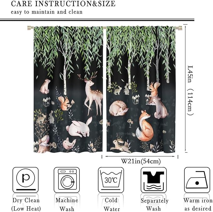 Forest Animal Curtains, Watercolor Cartoon Woodland Plants Animals Bears Moose Mushrooms Printed Curtains for Kids Boys and Girls Bedroom Window Drapes 42x45 Inch, Style-9