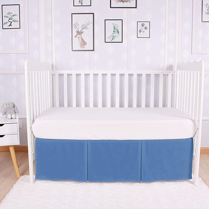 Box Pleated Mini Crib Bed Skirt Premium 100% Cotton 800 Thread Count Nursery Crib Toddler Bedding Crib Bedskirt for Baby Boys or Baby Girls, (24" x 38") + 10" Drop Lenght - Medium Blue Solid