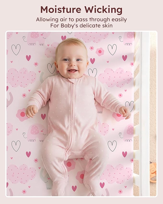 Pack and Play Sheets Fitted, 3 Pack Soft Stretchy Baby Mini Crib Sheets for Pack N Play Mattress and Portable Playard Sheets for Girls Pink Cloud Elephant