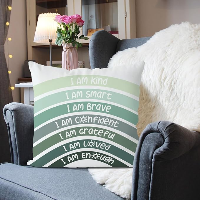 QIYUHOY Boho Sage Eucalyptus Green Rainbow Classroom Throw Pillow Covers, Olive Green Pillow Cover, Book Center Calming Corner Playroom Decor Pillow Case,I Am Kind Smart Brave Confidence,20x20 Inch