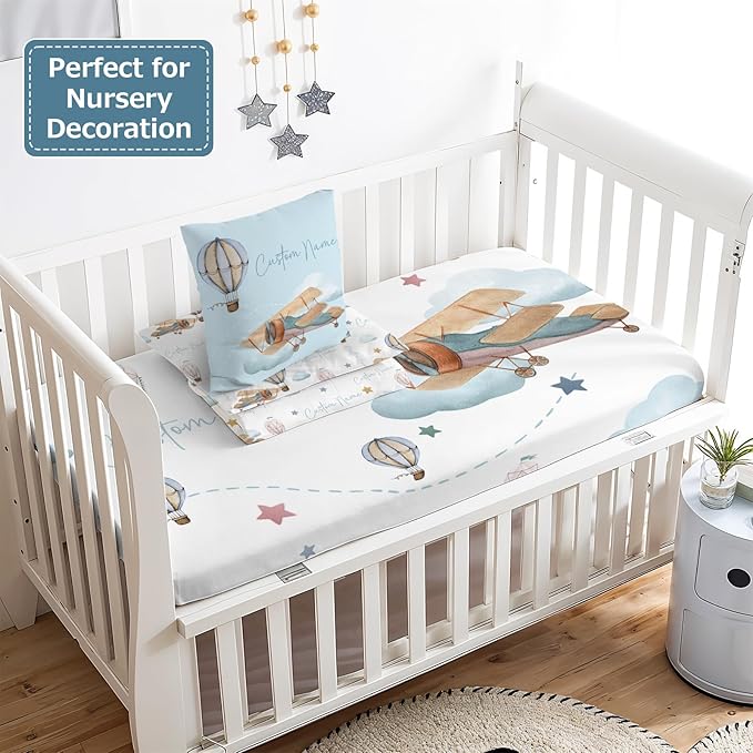 Personalized Baby Crib Bedding Set,3 Piece Custom Name Nursery Set with Blanket, Fitted Sheet & Pillowcase for Baby Girls & Boys, Sky Adventuren Theme(Fixed Size)
