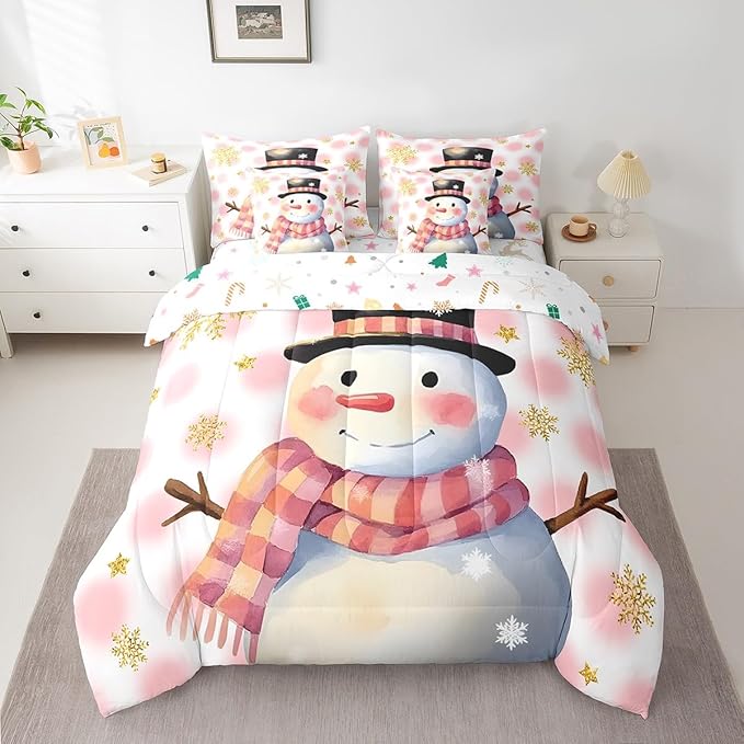 Feelyou Kids Merry Christmas Decorations King Size Bed Set Xmas Snowman Bed in a Bag Pink Bedding Set Soft Warm Lightweight Comforter Set with Sheets