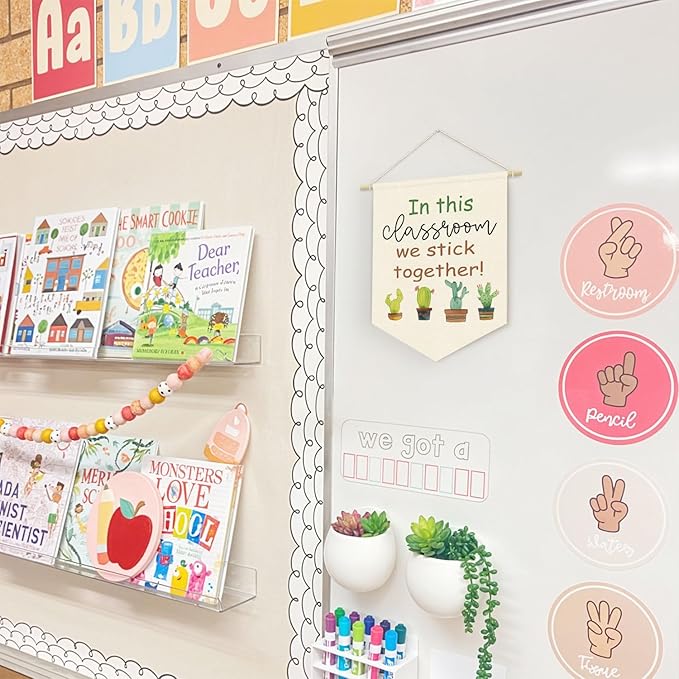 Plant Classroom Decor, in This Classroom We Stick Together Linen Canvas Banner, Teacher Must Haves, Positive Affirmations Wall Hanging Pennant Flag Banner for Preschool Homeschool Decor, 15x11in