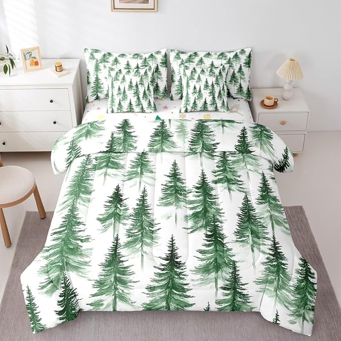 Erosebridal Green Christmas King Comforter Set with Sheets 7 Piece Winter Forest Pine Tree Bed in A Bag Merry Christmas Tree Theme Bedding Sets for Teens Teenager New Year Holiday Xmas Bed Set