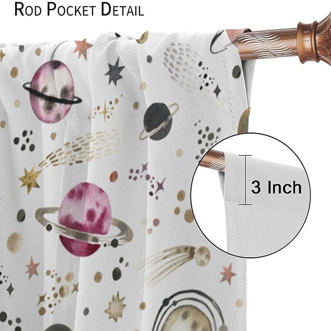 Kids Outer Space Curtains, Cartoon Galaxy Planet Universe Starry Starts Printed Window Drapes for Boys Girls Teens Bedroom Nursery 63" W X 72" L