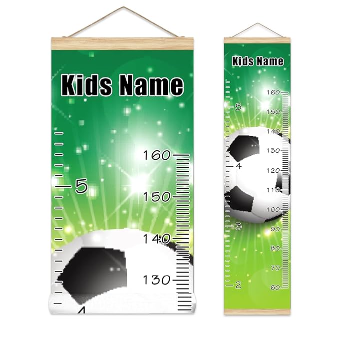 Personalized Kids Name Growth Chart Ruler for Wall Wood Frame Height Measure Chart 13.4x56 in Linen Hanging Height Growth Chart Football Soccer Kids Room Decor