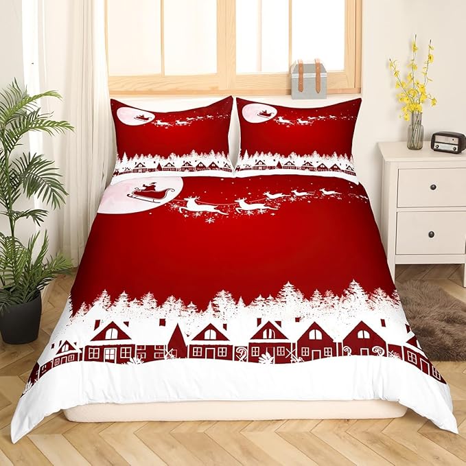 Manfei New Year Red Duvet Cover Set Twin Size Reindeer and Full Moon Print Comforter Cover Christmas Day Bedding Set 2pcs for Kids Boys Girls Winter Theme Quilt Cover with 1 Pillowcase,No Comforter