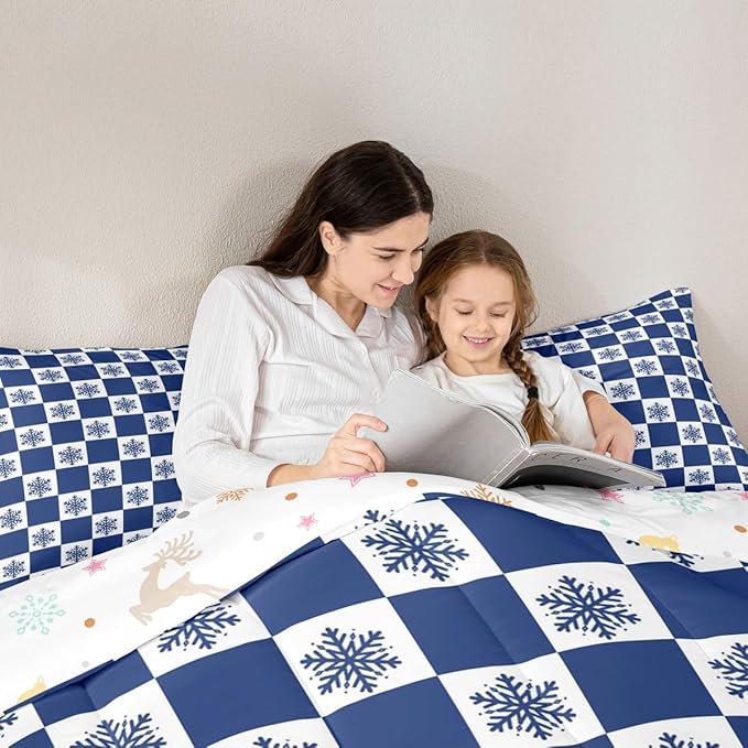 Feelyou Christmas Bedding Set Soft for Boys Girls, Checkered Comforter Set Full Size Snowflake Duvet Quilt Microfiber Xmas Decorations Bedroom Decor Blue 3 Pcs with 2 Pillow Cases