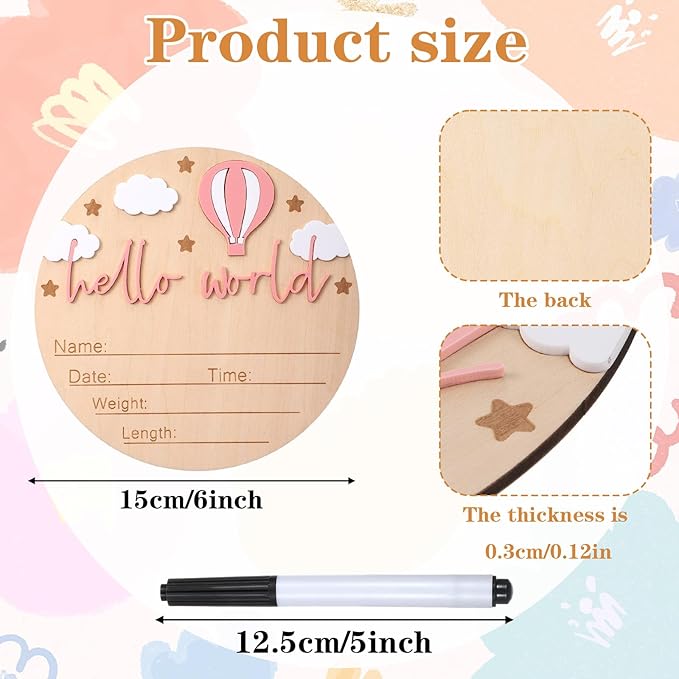 Hello World Newborn Sign with Pen - 6 Inch Wooden Baby Announcement Sign for Hospital Birth Photos, Gender Reveal, Newborn Announcement Sign Keepsake, Hot Air Balloon & Cloud Design(Pink)