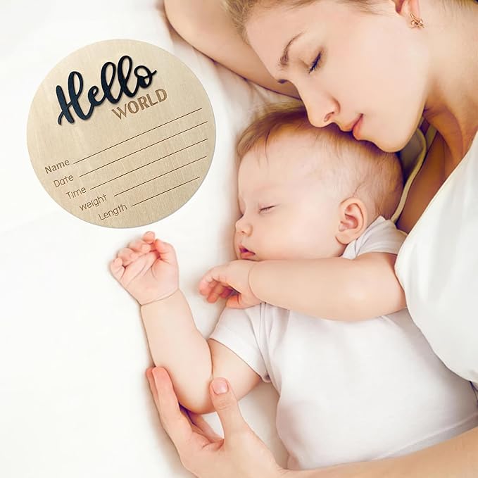 Baby Announcement Sign, 5.9 Inch Wooden Hello World Newborn Signs, Birth Announcement Sign, Baby Shower Hospital Nursery for Newborn Boys and Girls (Black)