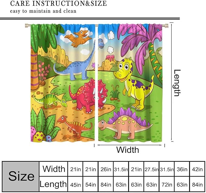 Cute Dinosaur Curtains, Colorful Cartoon Dino Pattern Window Treatments, Rod Pocket Thermal Insulated Drapes 2 Panel Sets for Kids Bedroom Nursery Classroom, 42" W X 45" L【Decor】