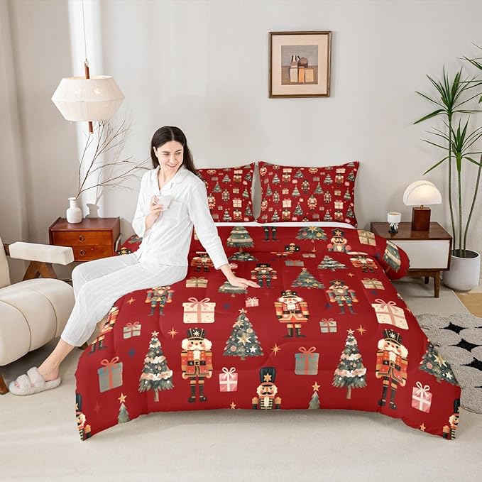 jejeloiu Xmas Nutcracker Comforter Set Full Size Christmas Red Bedding Set for Kids Boys Girls Cute Snowflakes Duvet Quilt Bedroom Decor
