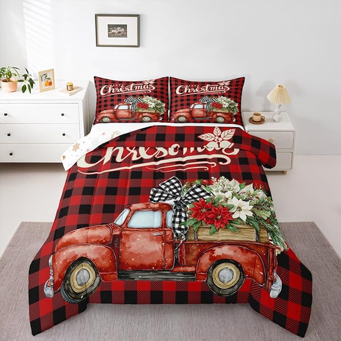 Kids Christmas Truck Comforter Set Full Size,Floral Leaves Romantic Bedding,Girls Boys Adults Bedroom/Xmas Cabin Decor,Geometric Plaid Retro Down Comforter,Rustic Farm Duvet Insert,2 Pillowcases