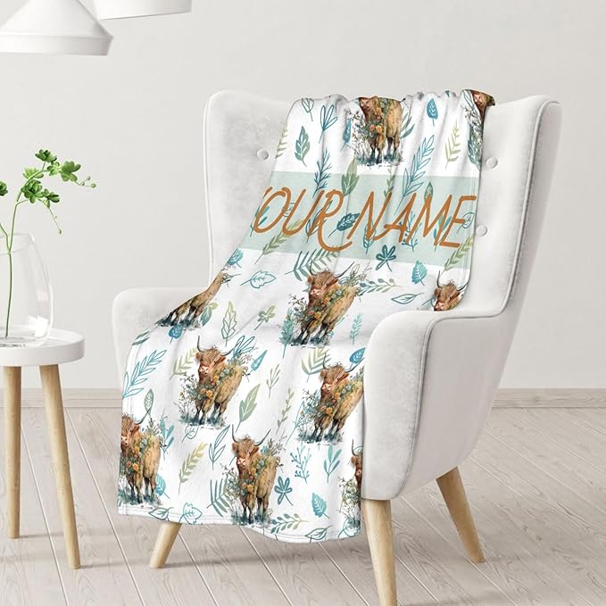 Personalized Blanket Gifts for Women Girls - 60x50 Inches Cute Highland Cow Throw Blanket for Kids Teens Adults - Soft Flannel Vintage Blankets for Bed Couch Travel