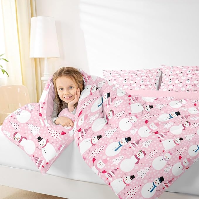 Castle Fairy Snowman Christmas Tree Comforter Set,Cartoon Pink Dreamy Bedding Set Kids Teens Modern Decor,Merry Christmas Comforter with 1 Pillowcase for All Seasons,Twin
