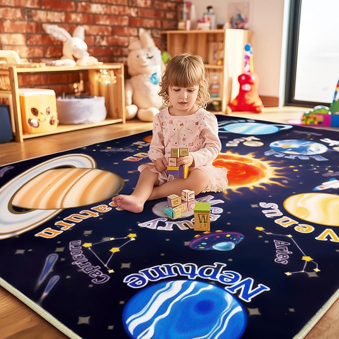 Kids Rugs for Playroom, 8x10 Feet Educational Rug for Learn The ABC Alphabet, Soft Machine Washable Non-Slip Cute Space Galaxy Carpet for Classroom Toddler Nursery Kids Room Decor Mat