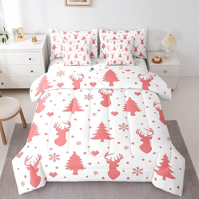 Feelyou Merry Christmas Bed in a Bag for Boys Girls Deer Silhouette Antler Cute Wildlife Bed Set Xmas Tree Snowflake Comforter Set with Sheets Pink Bedding Set Bedroom Collection Queen Size
