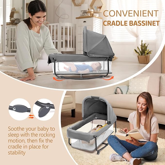 JOYMOR 7 in 1 Bedside Bassinet with Changing Table, All in One Nursery Center, Bedside Sleeper with Mattress, Sheet, Canopy, Storage Shelf,Gray