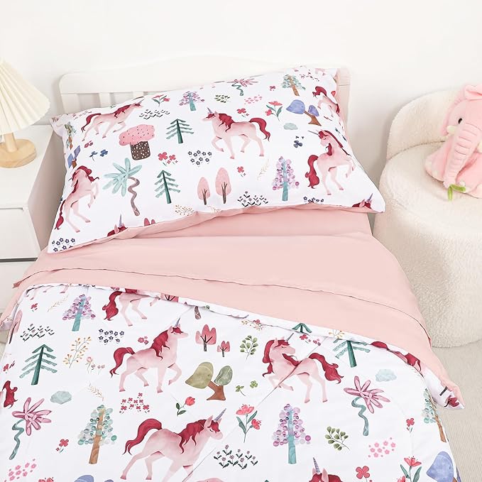 Toddler Bedding Set for Girls, Kids Comforter Set Pink Reversible, Ultra Soft & Lightweight Crid Bedding Set Includes Comforter, Flat Sheet, Fitted Sheet, Pillowcase (Forest)