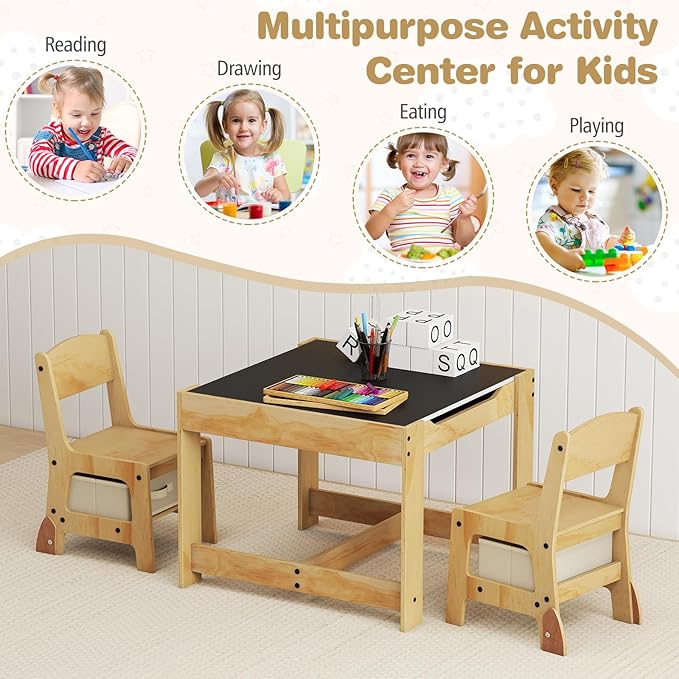 Costzon Kids Table and Chairs, 3 in 1 Wooden Activity Desk Set w/Double-Sided Tabletop, Storage Drawers and Reinforced Design for Drawing, Reading & Playing, Toddler Table and Chair Set (Beige)