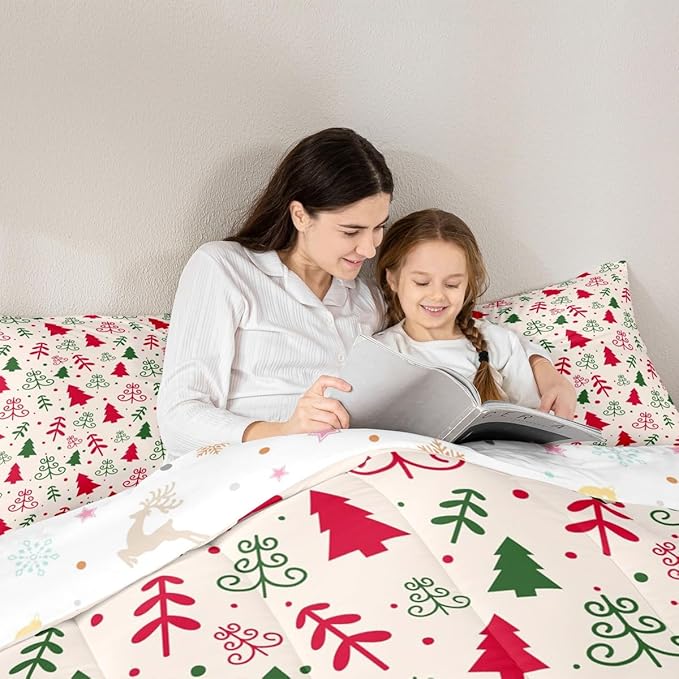 Castle Fairy Christmas Trees Comforter Set King Size,Red Green Pine Plant Hand Sketch Bedding Set All Season Quilt Set,Winter Xmas Natural Botanical Microfiber Polyester Down Comforter