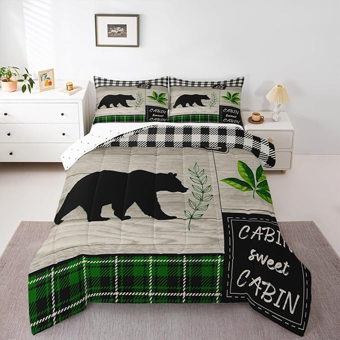 Bear Silhouette Kids Comforter Set King Size,Leaves Wooden Plank Bedding,Girls Boys Adults Bedroom/Xmas Cabin Decor,Geometric Grids Retro Down Comforter,Rustic Farmhouse Duvet Insert,2 Pillowcases