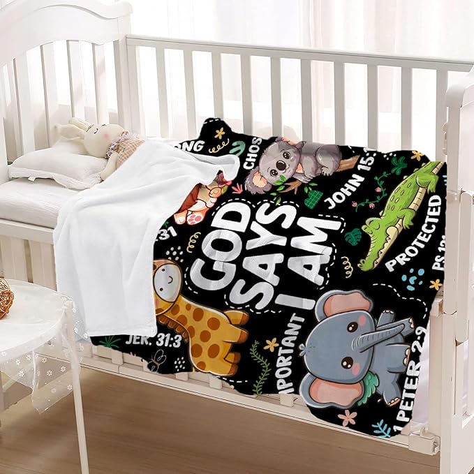 Bible Verse Blanket, Christian Gifts, God Says I am Blankets,Giraffe Lion Koala Elephant Print Animal Blankets, Cute Religious Baptism Gift for Son,Animals Lover Room Bed Decoration, 60"x80"