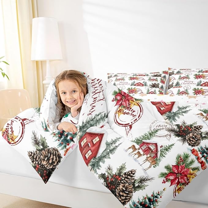Merry Christmas Comforter Set King Size,Poinsettia Winter Xmas Pine Tree Kids Bedding Set,Snowflake Rustic Farmhouse Quilt Comforter,Red Green White Duvet Insert,2 Pillowcases