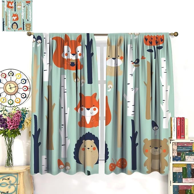 Cute Animals Curtains, Cartoon Fox Hedgehog Hare Forest Trees Blackout Window Treatments, Rod Pocket Thermal Insulated Drapes 2 Panel Sets for Kids Bedroom Nursery Classroom, 52" W X 84" L