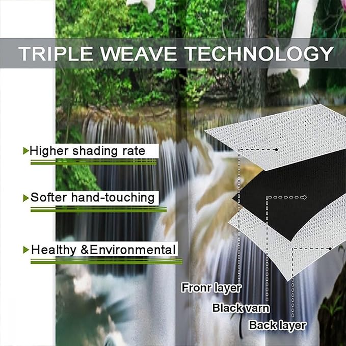 Nature Blackout Curtain, Waterfall Landscape Forest Swan Fish Pattern Rod Pocket Window Drapes, for Bedroom Living Room 84" W X 84" L