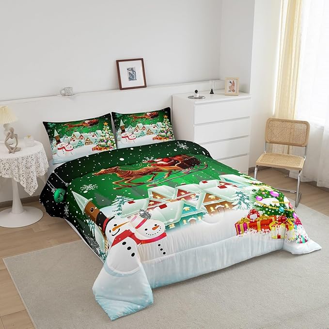 Manfei Christmas Comforter Set King Size, Snowman Xmas Tree Quilt Set with 2 Pillowcases, Santa Claus with Deer Bedding Set 3pcs for Kids Boys Girls Room Decor New Year Theme Duvet Insert