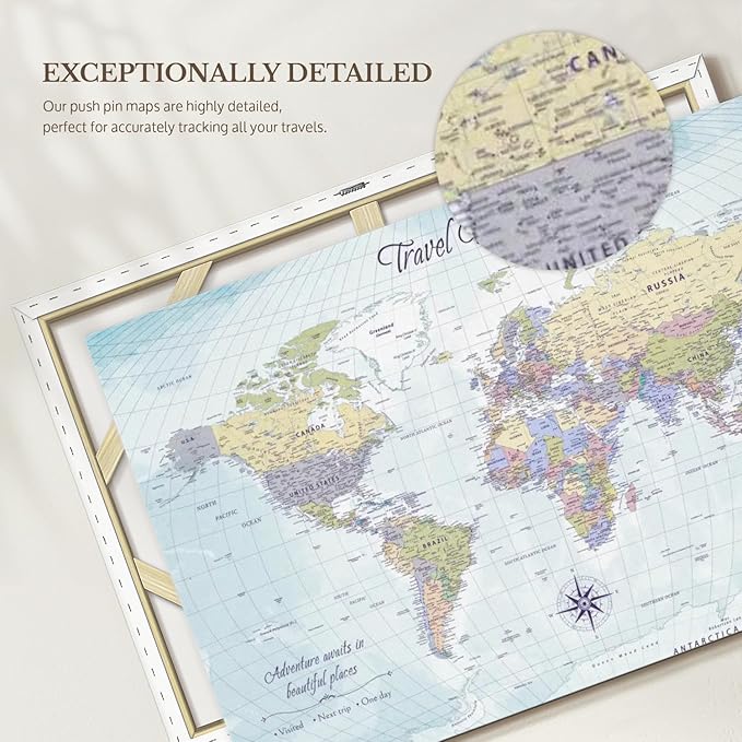ElephantStock - Push Pin Travel Map World I Wall Art - Horizontal Canvas Wall Art - Living Room Wall Decor - Printmaking Map Canvas Art - Blue And Beige Decor - 51" x 34"