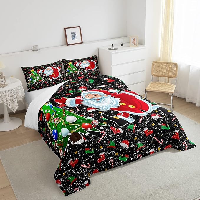 Feelyou Merry Christmas King Size Comforter Set Santa Claus Christmas Tree Galaxy Red Black Bedding Quilt for Girls Boys Kids 1 Comforter + 2 Pillow Cases