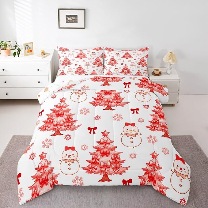 Feelyou Merry Christmas Comforter Set King Size Cute Snowman Bedding Set for Kids Boys Girls Cartoon Bowknot Duvet Quilt Christmas Tree Microfiber 3 Pcs with 2 Pillow Cases
