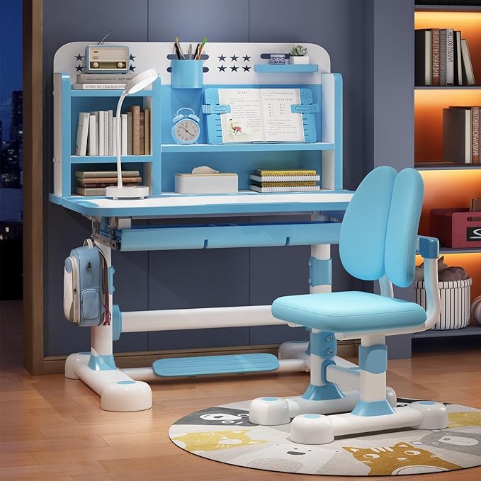 Upgraded Kids Desk and Chair Set,50 Degree Tiltable&Height Adjustable Ergonomic Study Table with Posture Corrector & Dual Back Support, 3-18 Years Adjustable Children's Desk Set with Storage Blue