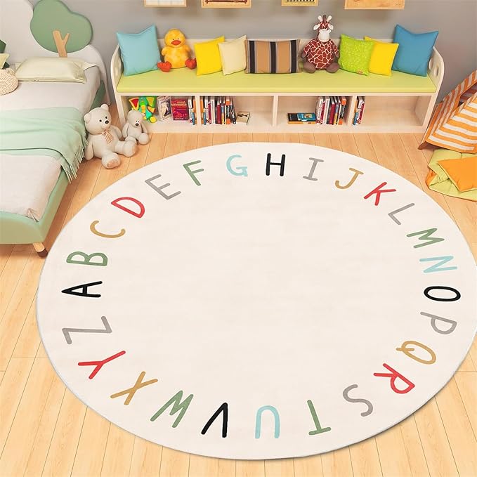 Round ABC Rugs-5ft Kids Round Rug Alphabet Numbers Shapes Educational Kid Area Rug Non Slip Kid Play Mat Carpet for Girl Boy Bedroom Playroom-White
