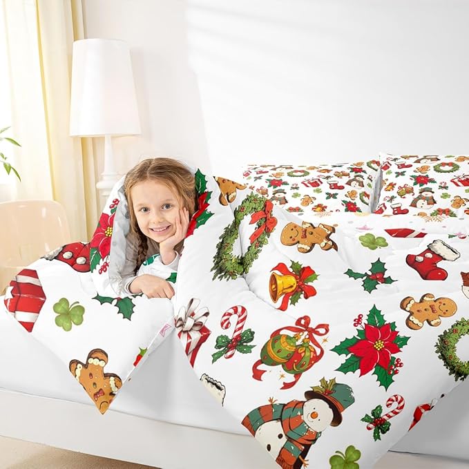 jejeloiu Merry Christmas Comforter Set Full Size Cute Snowman Bedding Set for Kids Boys Girls Gingerbread Man Duvet Quilt White Bedroom Decor