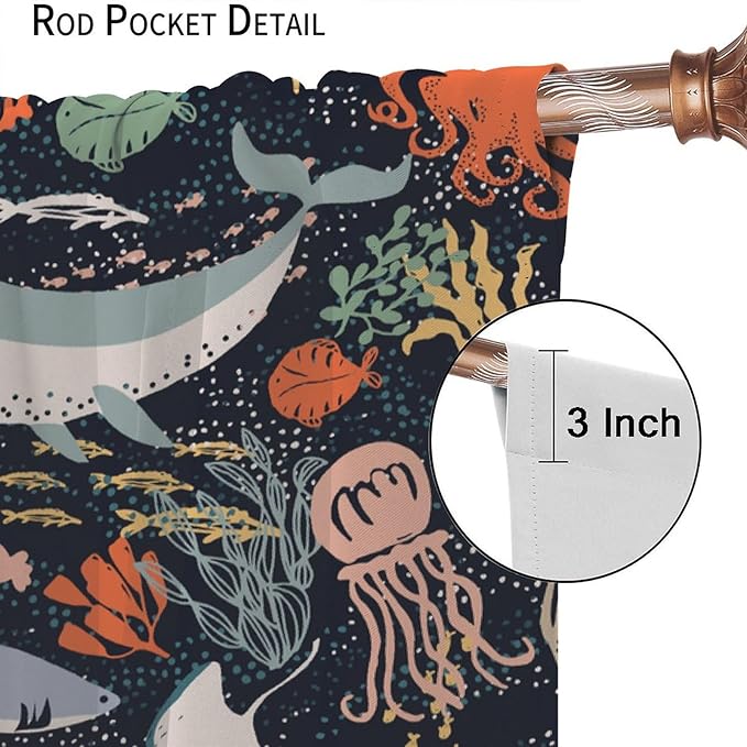 Sea Animals Curtain Cartoon Fish，Undersea Cute Whales Dolphin Underwater Wild Life Blue Ocean Boys Girls Waterproof Polyester Fabric Bedroom Decoration Set 2 Panels,63x72 Inches