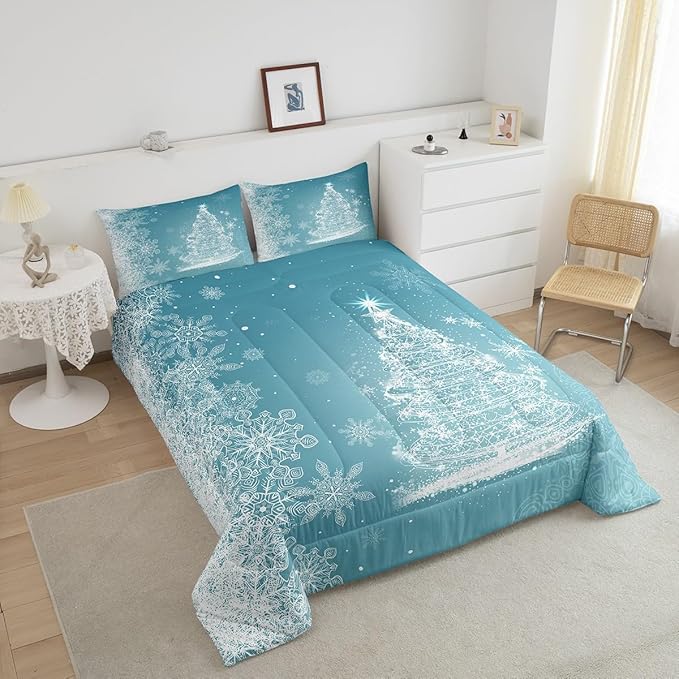 Castle Fairy Merry Christmas Comforter Set King Size,Glitter Xmas Trees Shiny Light Decor Bedding Set All Season Quilt Set,Blue Shiny Stars Snowflake Microfiber Polyester Down Comforter