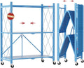 DEANIC 3 Tier Foldable Storage Shelves with Wheels, Kitchen Appliance Stand, Freestanding Metal Wire Shelf Rack, No Assembly Organizer Rolling Cart for Garage, Basement, Pantry(Blue)