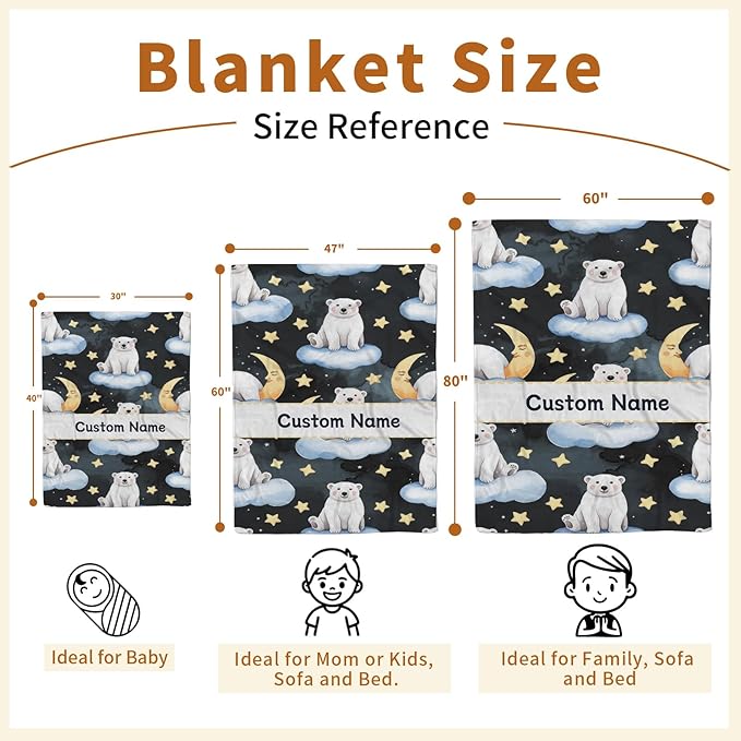 Custom Baby Blanket with Name, Double Layer Soft Dot Back Personalized Baby Blanket for Boys Girls, Polar Bear Blanket for Newborn Toddler, Customized Swaddle for Kids Birthday Gifts(47" x60)
