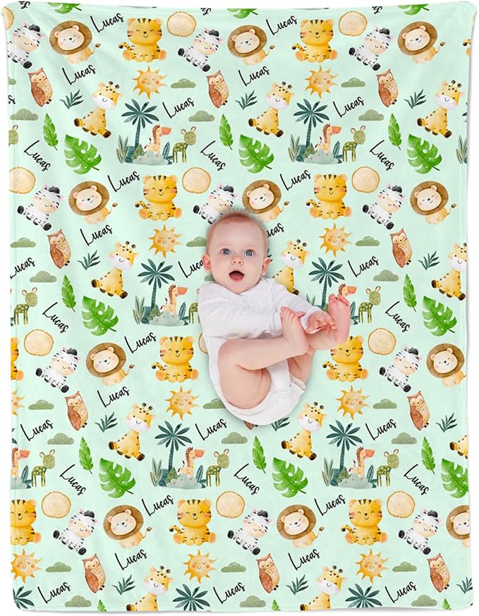 Custom Safari Animals Blanket Gift, Personalized Baby Blanket with Name, Soft Plush Flannel/Sherpa Fleece Throw Blankets for Toddler Kid Teen Boys Girls Color04