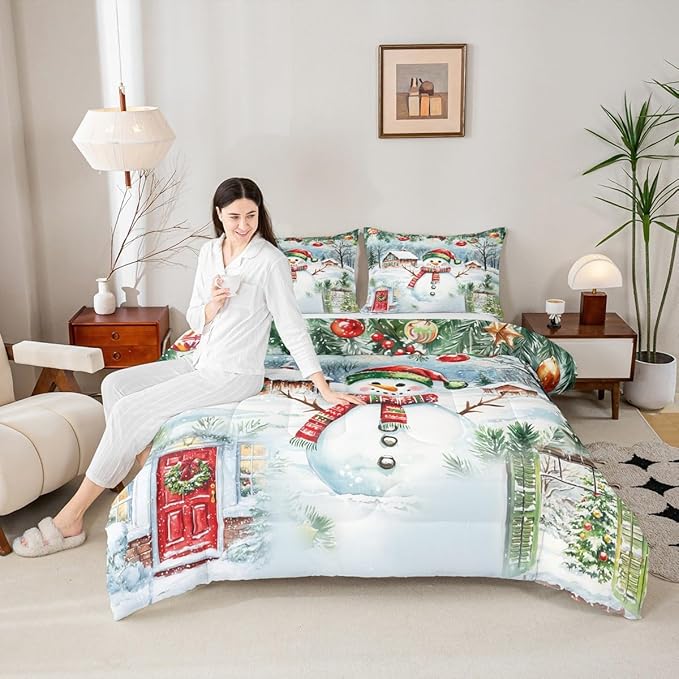 Castle Fairy Merry Christmas Comforter Set Twin Size,Watercolor Cute Snowman Pine Trees Bedding Set for Kids Boys Men,Xmas Cartoon Decor Natural Quilted Duvet Set with 1 Pillowcase