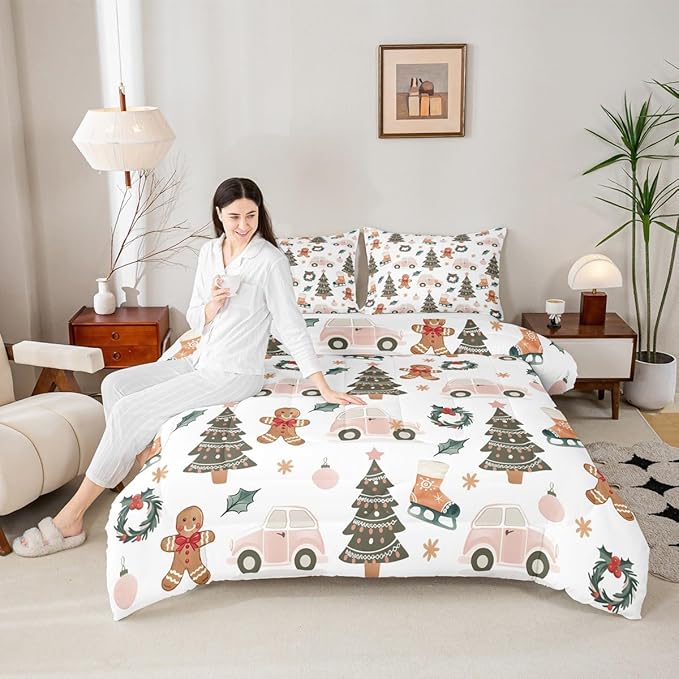 Feelyou Xmas Tree Car Comforter Set All Season Gingerbread Man Bedding Set with 2 Pillow Cases Garland Microfiber Kids Queen Bedclothes Bedroom Decor Duvet Quilt Breathable Soft