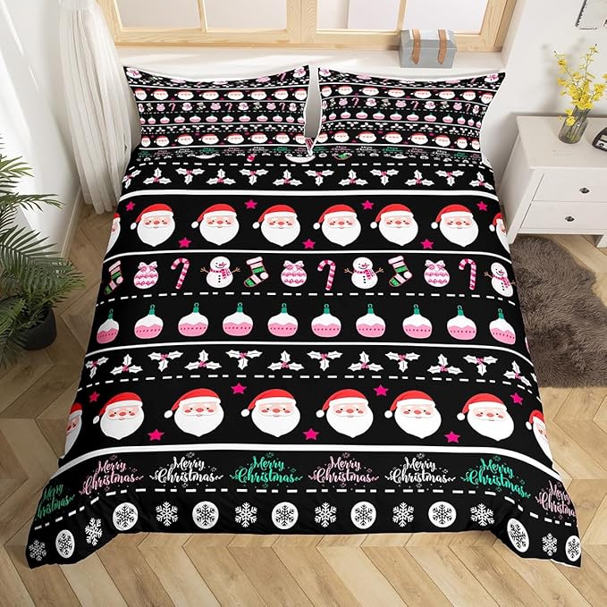 Feelyou Merry Christmas Decorative Comforter Cover King Size Xmas Cartoon Santa Claus Snowmen Duvet Cover Winter New Year Bedding Set Gifts for Kids Boys Girls 2 Pillow Cases